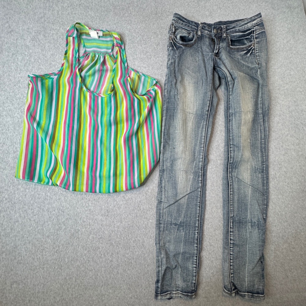 Urvana Sheer Striped‎ Racerback Tank Top Low Rise Slim Straight Jeans Made Italy